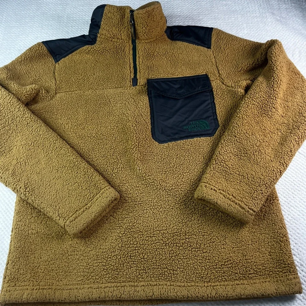 The North Face Dunraven Sherpa Fleece‎ Quarter Zip Pullover Tan Navy Mens Small